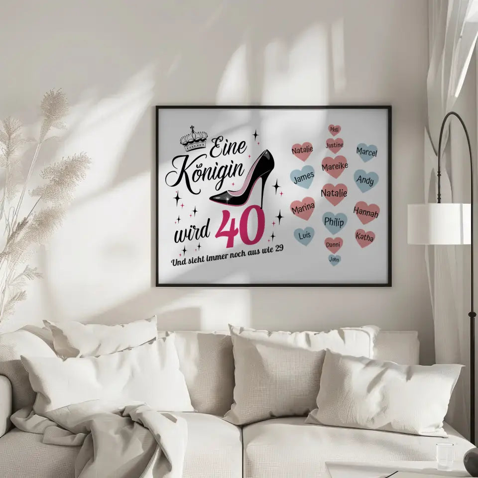 Poster Geschenk Königin wird 40 Geburtstag mit bis zu 19 Namen