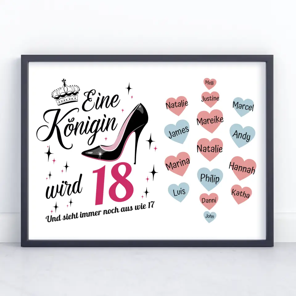 Geburtstagsposter personalisiert Königin wird 18 Geburtstag mit 19 Namen