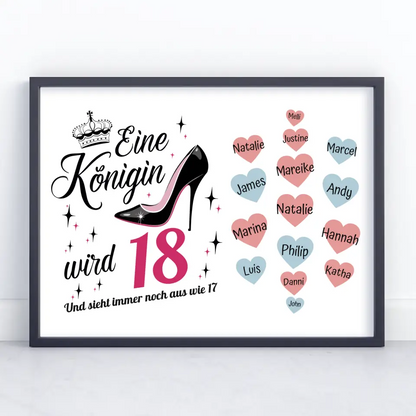 Geburtstagsposter personalisiert Königin wird 18 Geburtstag mit 19 Namen