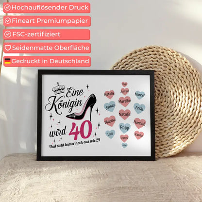 Poster Geschenk Königin wird 40 Geburtstag mit bis zu 19 Namen