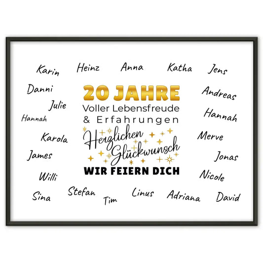 Geschenkposter individuell 20 Geburtstag Lebensfreude mit Unterschriften