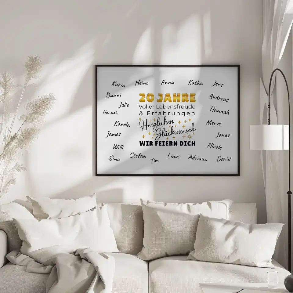 Geschenkposter individuell 20 Geburtstag Lebensfreude mit Unterschriften