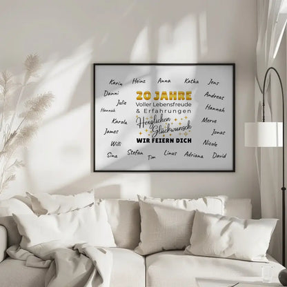 Geschenkposter individuell 20 Geburtstag Lebensfreude mit Unterschriften