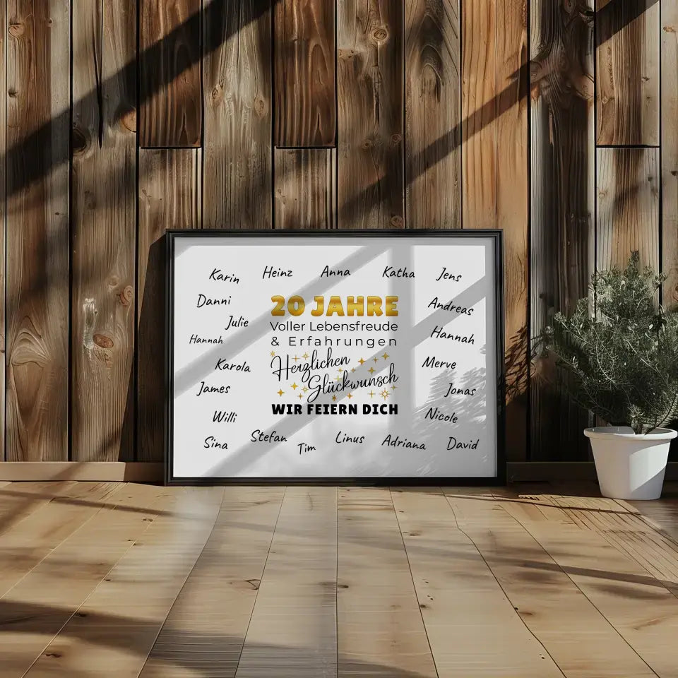 Geschenkposter individuell 20 Geburtstag Lebensfreude mit Unterschriften