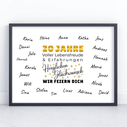 Geschenkposter individuell 20 Geburtstag Lebensfreude mit Unterschriften