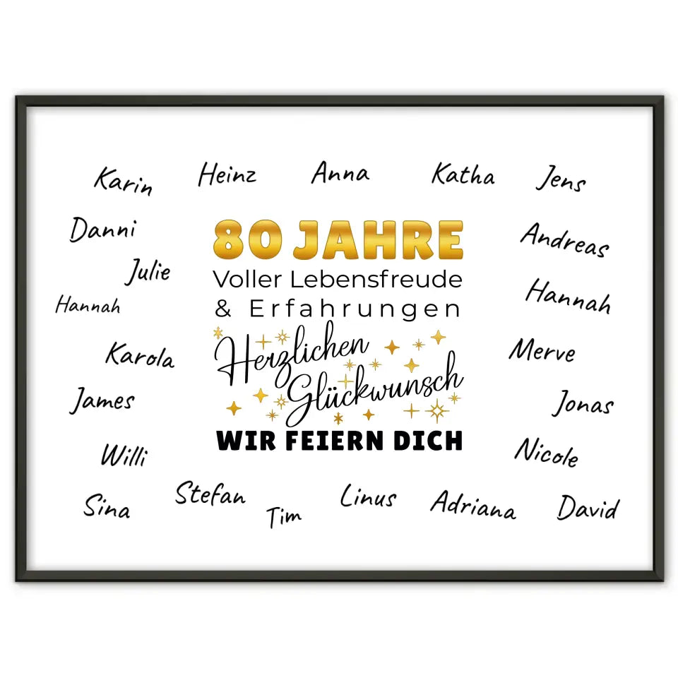 Poster als Geschenkidee 80 Geburtstag Lebensfreude mit Unterschriften