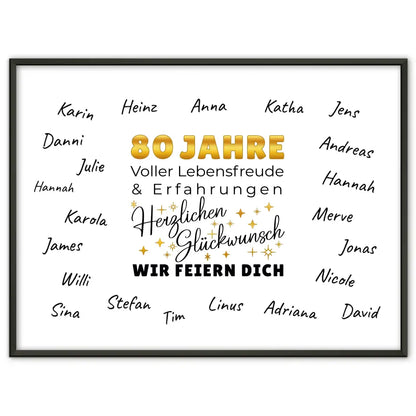 Poster als Geschenkidee 80 Geburtstag Lebensfreude mit Unterschriften