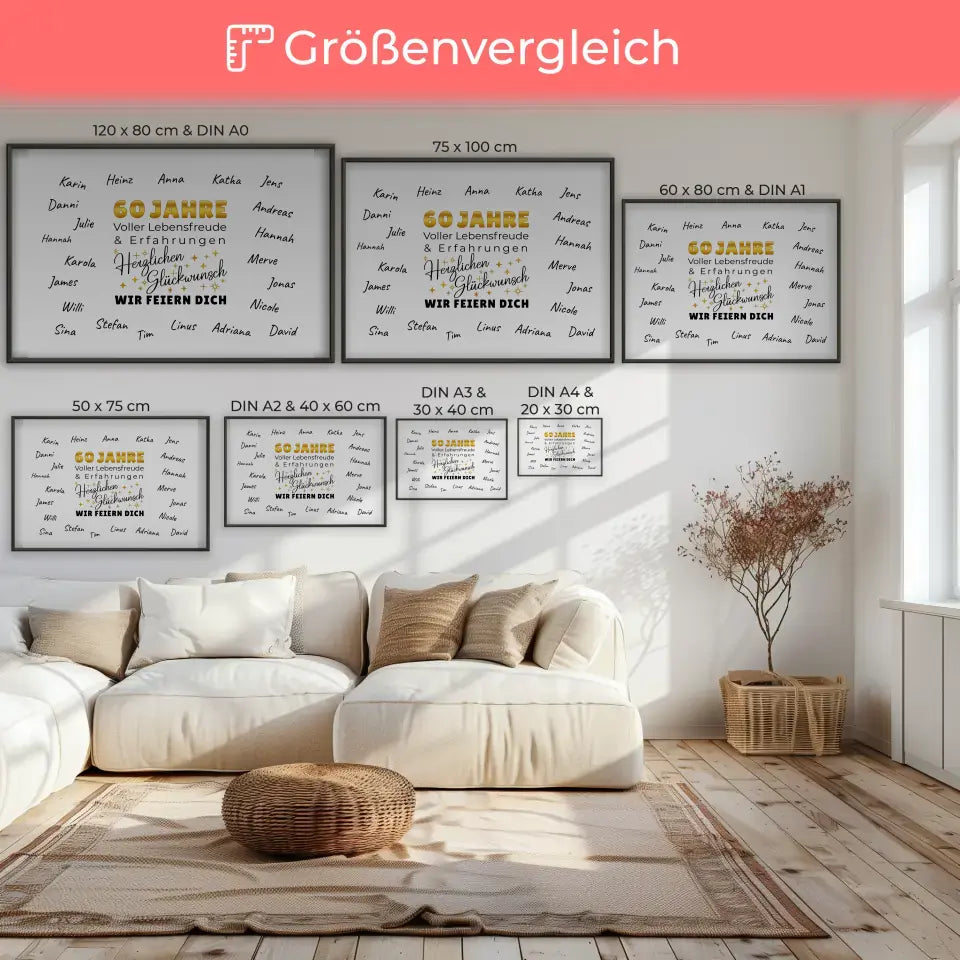 Poster Geschenk personalisiert 60 Geburtstag Lebensfreude mit Unterschriften