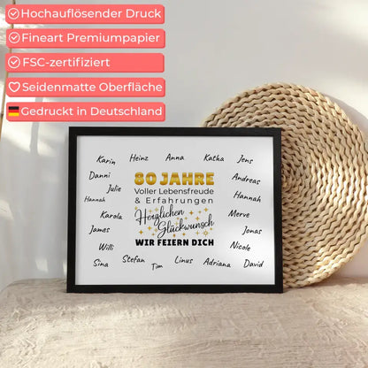 Poster als Geschenkidee 80 Geburtstag Lebensfreude mit Unterschriften