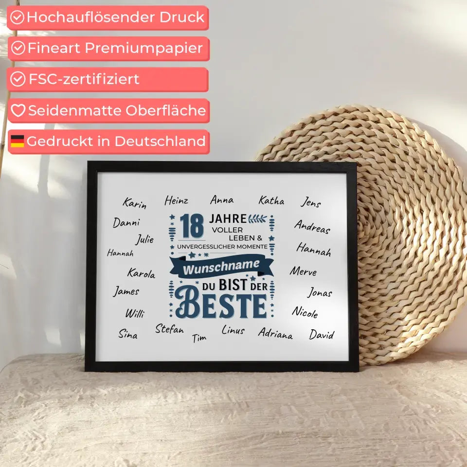 Poster personalisiert 18 Geburtstag Bist der Beste mit Unterschriften