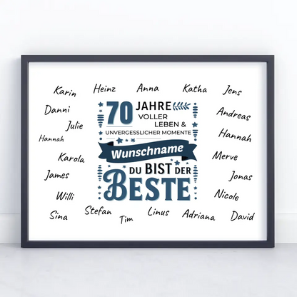 Poster personalisiert 70 Geburtstag Du bist der Beste mit Unterschriften