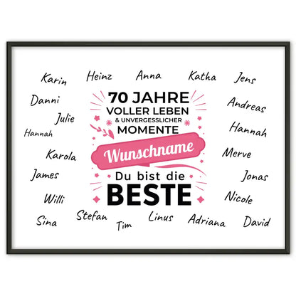 Geschenkposter personalisiert 70 Geburtstag Du bist die Beste mit Unterschriften
