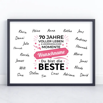 Geschenkposter personalisiert 70 Geburtstag Du bist die Beste mit Unterschriften