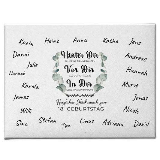 Geschenk Leinwand personalisiert 18 Geburtstag Hinter Dir mit Unterschriften 1