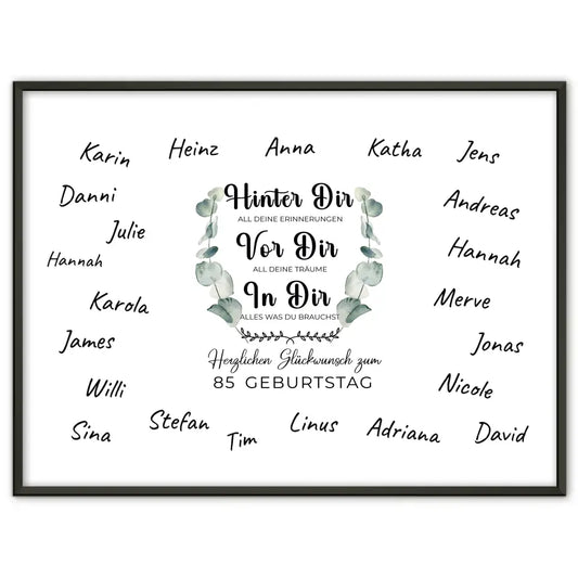 Poster als Geschenkidee 85 Geburtstag Hinter Dir mit Unterschriften
