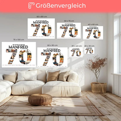 Leinwand personalisiert 70 Geburstag mit Name & Fotos in Zahlen