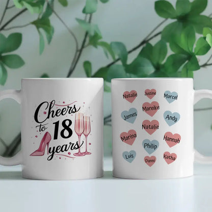 Tasse personalisiert Cheers To 18 Years Geburtstag für Schwester mit Namen