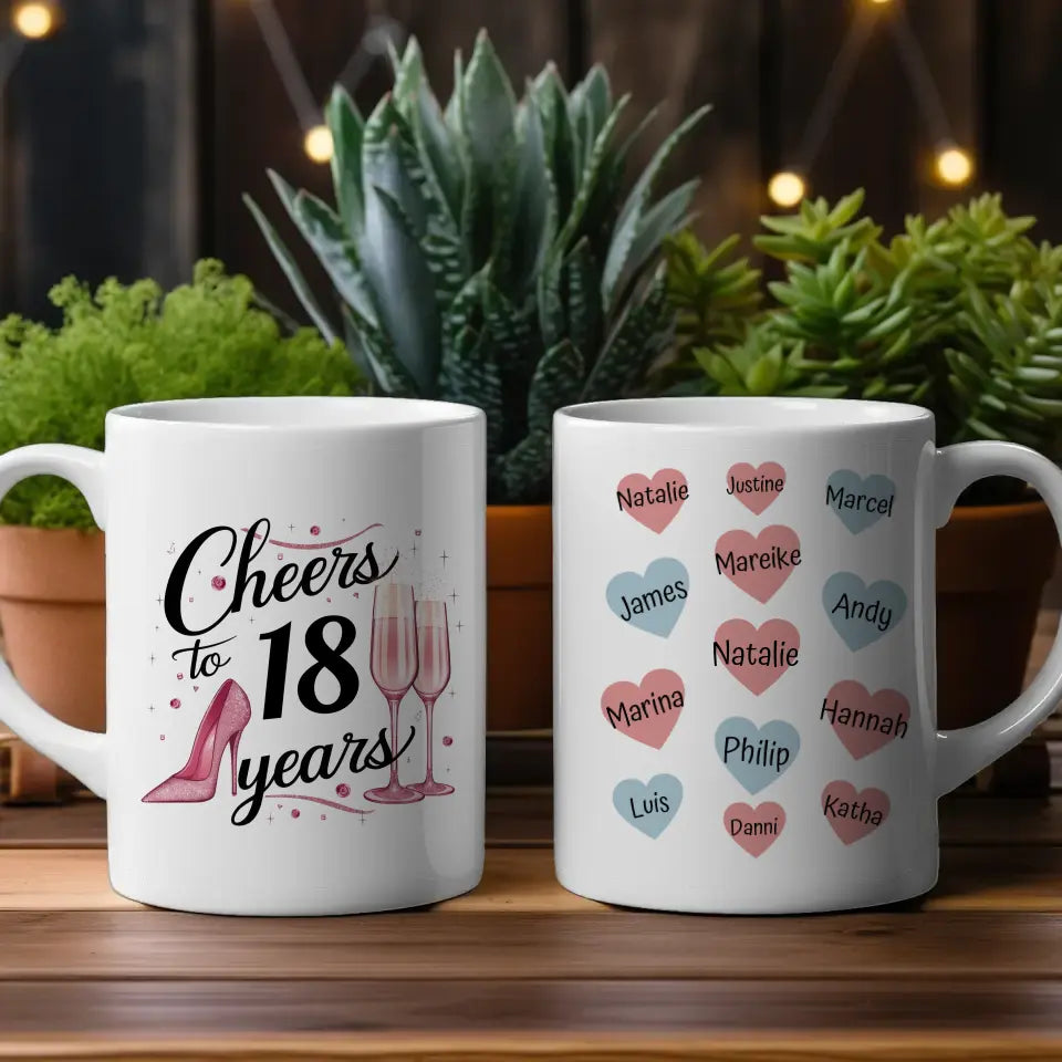 Tasse personalisiert Cheers To 18 Years Geburtstag für Schwester mit Namen