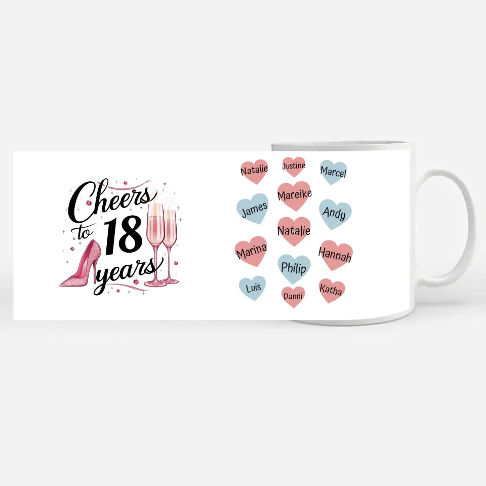 Tasse personalisiert Cheers To 18 Years Geburtstag für Schwester mit Namen