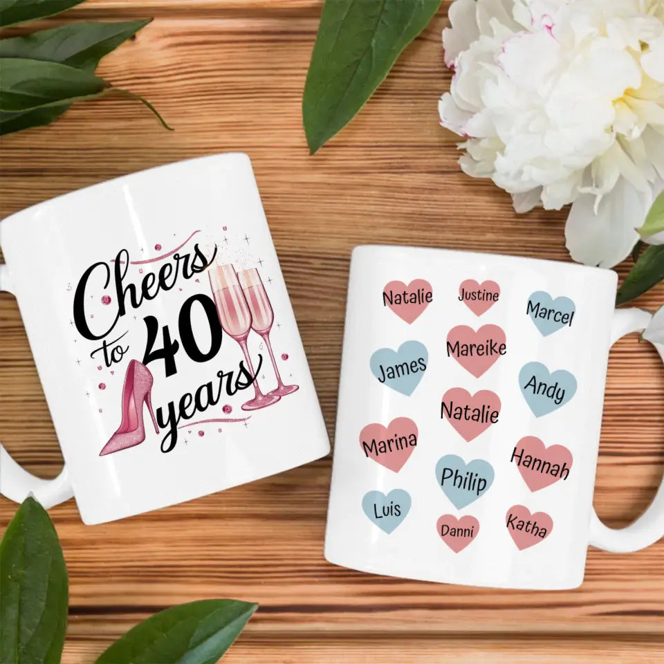 Personalisierte Tasse Cheers To 40 Years Geburtstag für Mama mit Namen