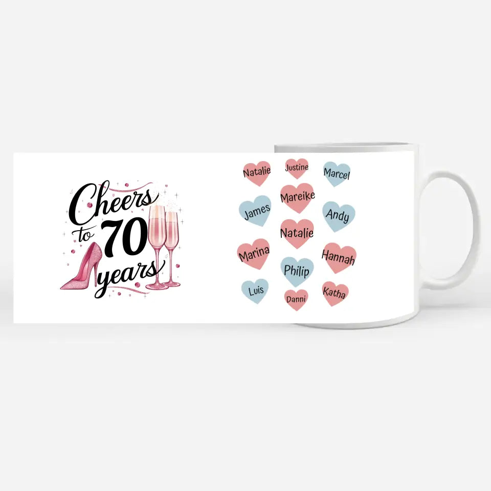 Geschenk Tasse Cheers To 70 Years Geburtstag für Oma und Mama mit Namen