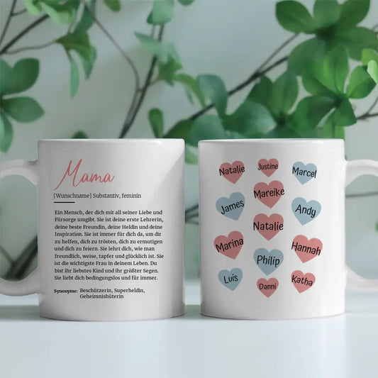 Personalisierte Tasse Definition Mama mit Namen auf Herzen