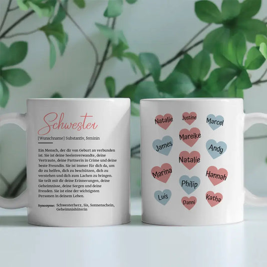 Personalisierte Tasse Schöne Definition Schwester mit Namen auf Herzen