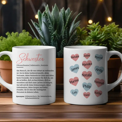 Personalisierte Tasse Schöne Definition Schwester mit Namen auf Herzen