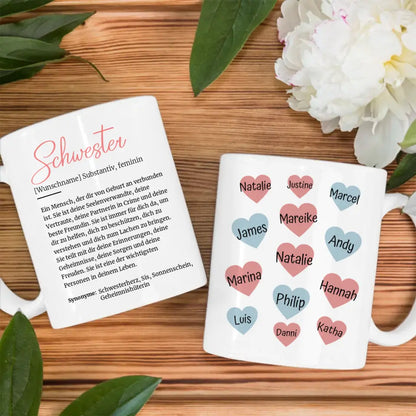 Personalisierte Tasse Schöne Definition Schwester mit Namen auf Herzen