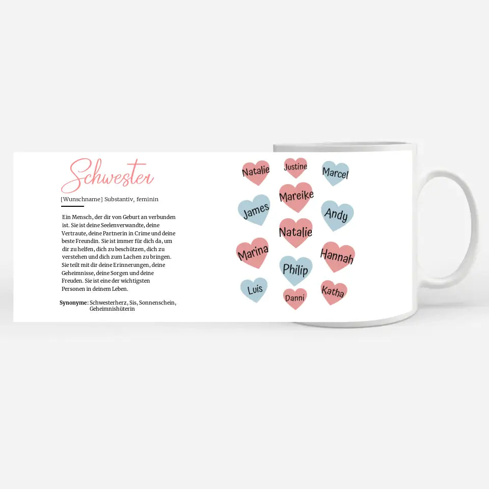 Personalisierte Tasse Schöne Definition Schwester mit Namen auf Herzen