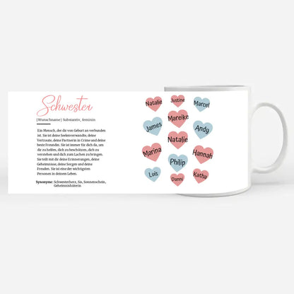 Personalisierte Tasse Schöne Definition Schwester mit Namen auf Herzen