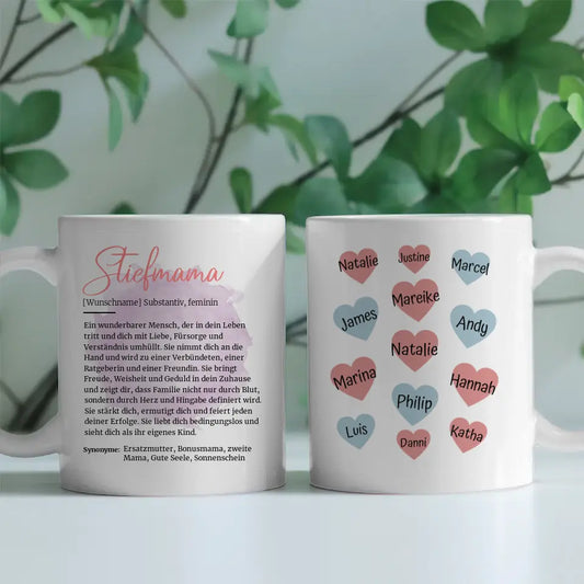 Tasse personalisiert Definition Stiefmama mit Namen auf Herzen