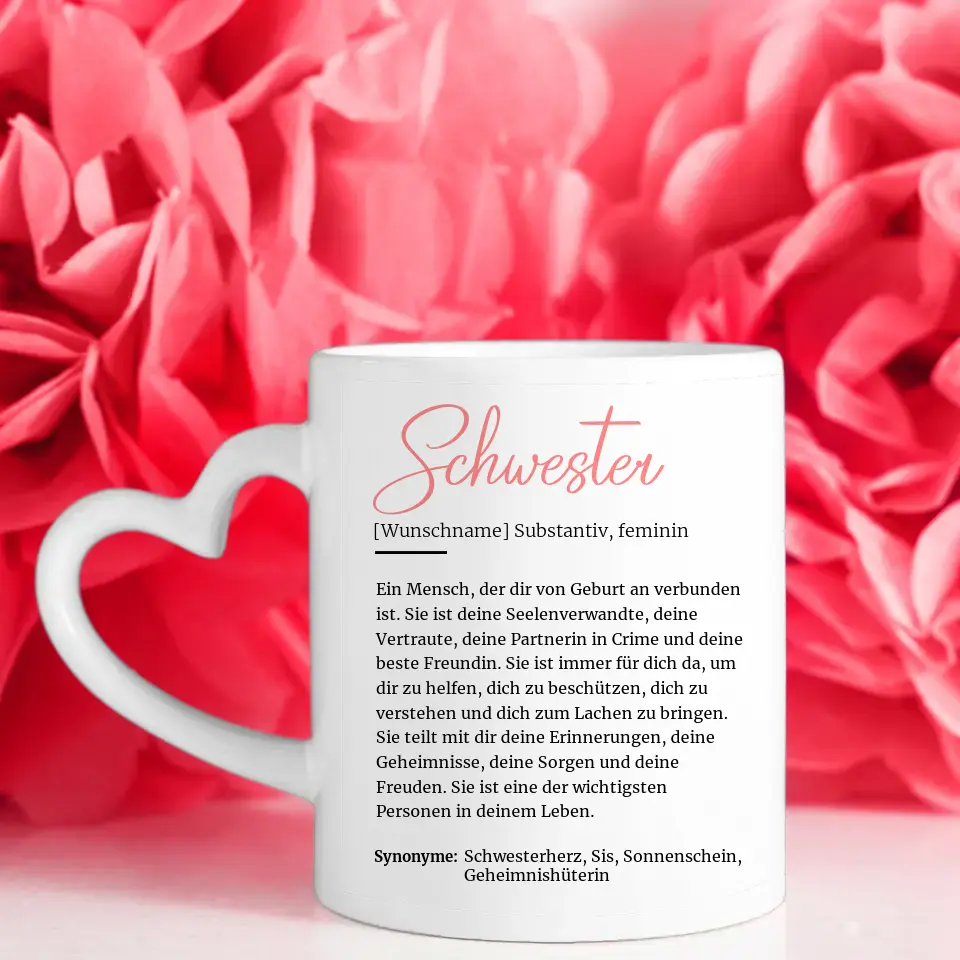 Personalisierte Tasse Schöne Definition Schwester mit Namen auf Herzen