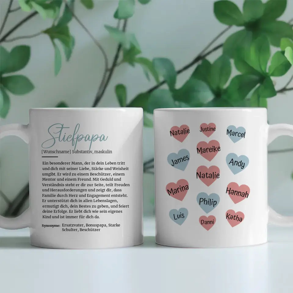 Personalisierte Tasse Stiefpapa Definition mit bis zu 13 Namen