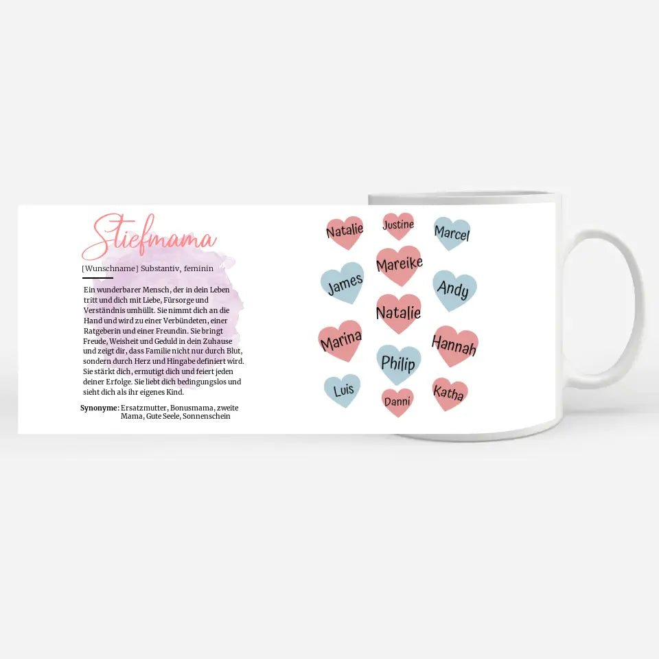 Tasse personalisiert Definition Stiefmama mit Namen auf Herzen