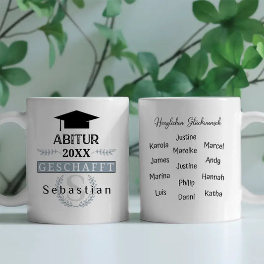 Personalisierte Abschluss Tasse Abitur mit Name Blau Grau Abi