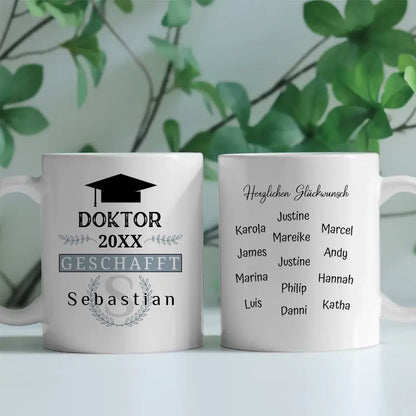 Abschluss Tasse Doktor Titel mit Name Blau Grau