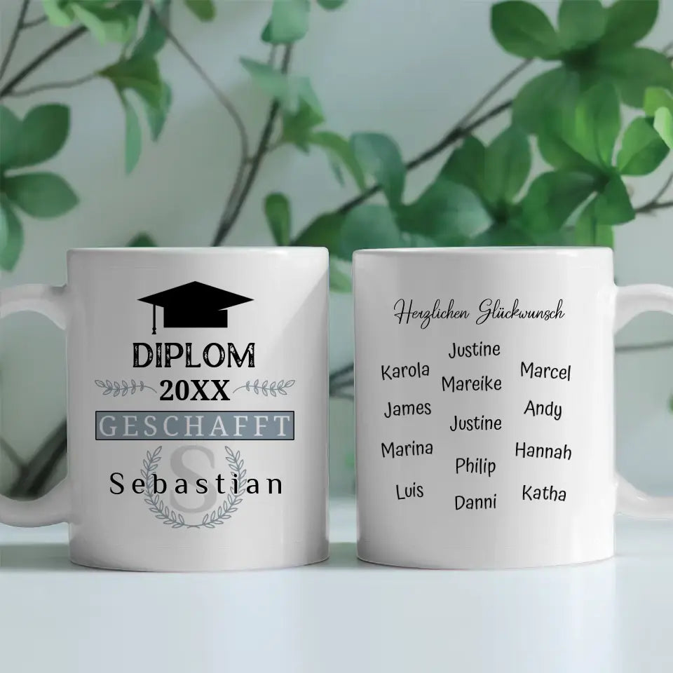 Abschluss Tasse Diplom mit Name Blau Grau