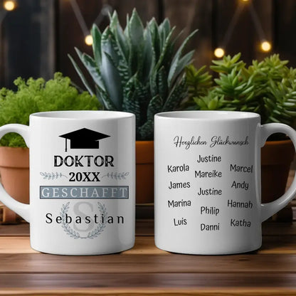 Abschluss Tasse Doktor Titel mit Name Blau Grau