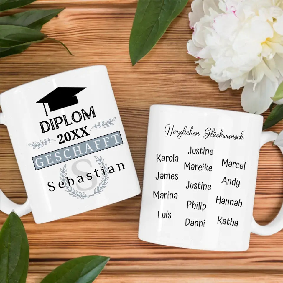 Abschluss Tasse Diplom mit Name Blau Grau