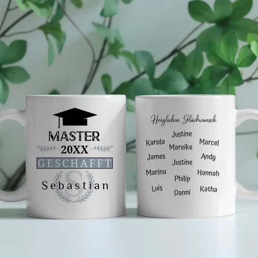 Abschluss Tasse Master mit Name Blau Grau