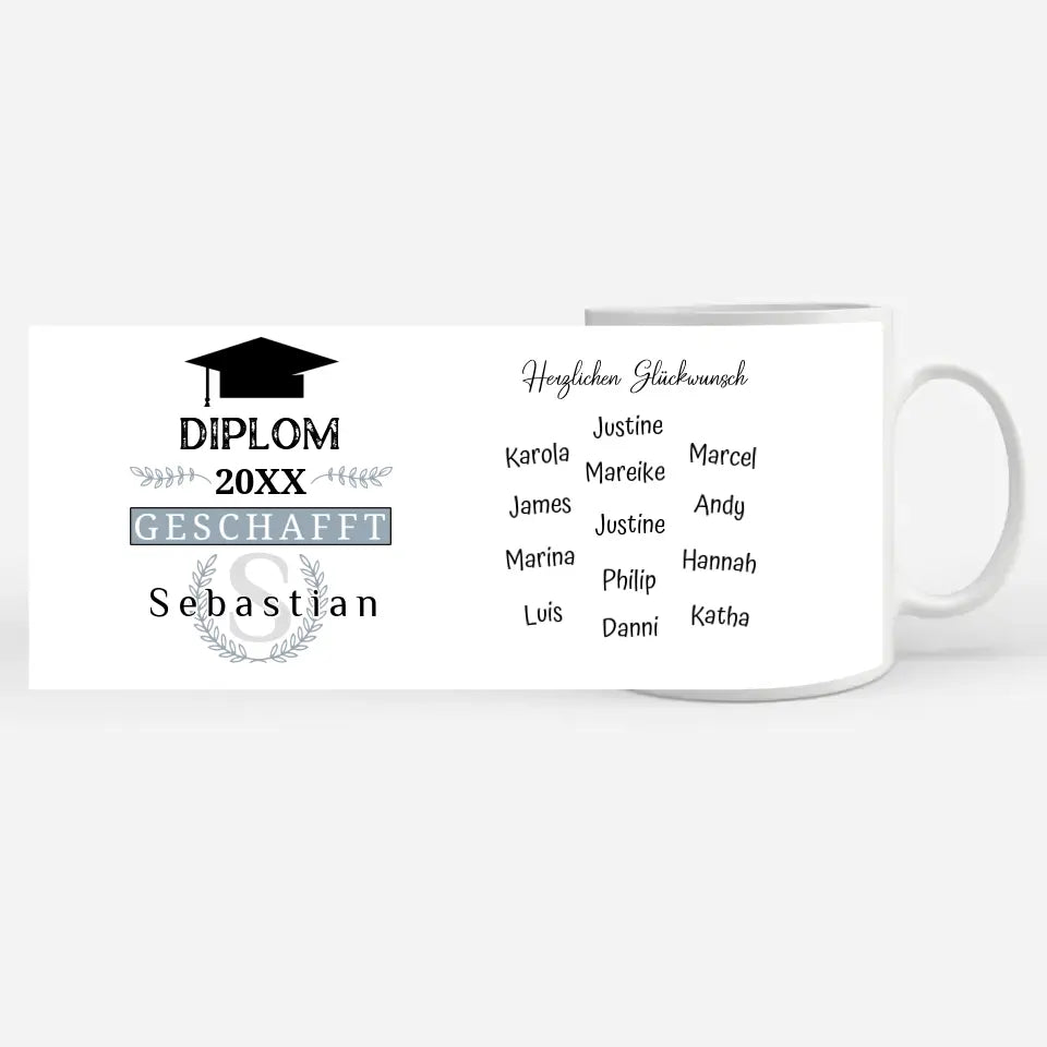 Abschluss Tasse Diplom mit Name Blau Grau