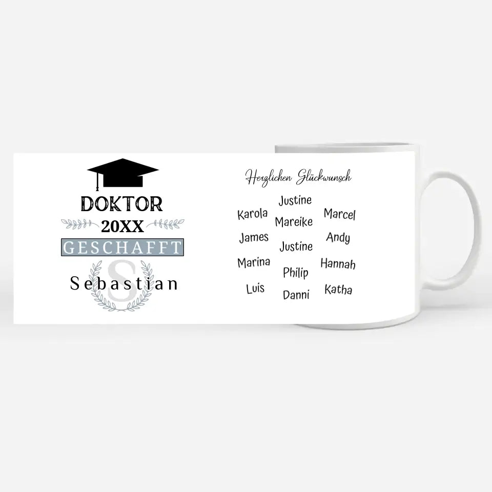 Abschluss Tasse Doktor Titel mit Name Blau Grau