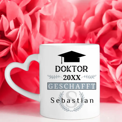 Abschluss Tasse Doktor Titel mit Name Blau Grau