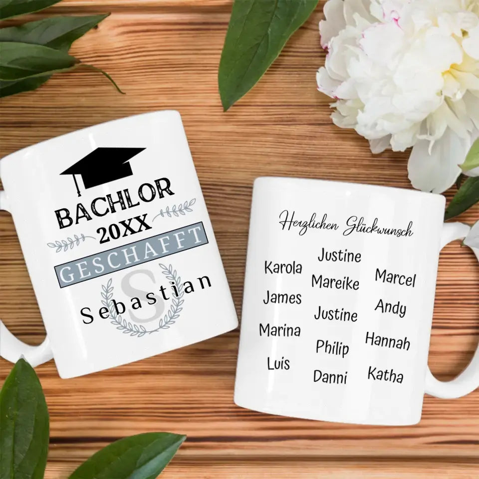 Abschluss Tasse Bachlor mit Name Blau Grau