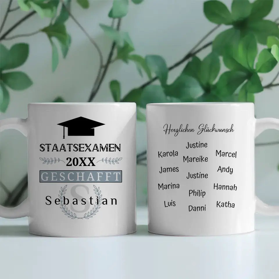 Abschluss Tasse Staatsexamen mit Name Blau Grau