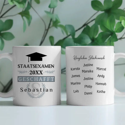 Abschluss Tasse Staatsexamen mit Name Blau Grau