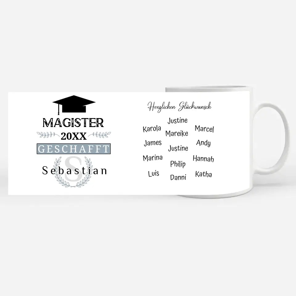 Abschluss Tasse Magister mit Name Blau Grau