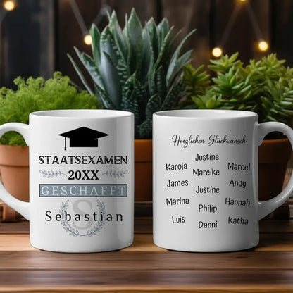 Abschluss Tasse Staatsexamen mit Name Blau Grau