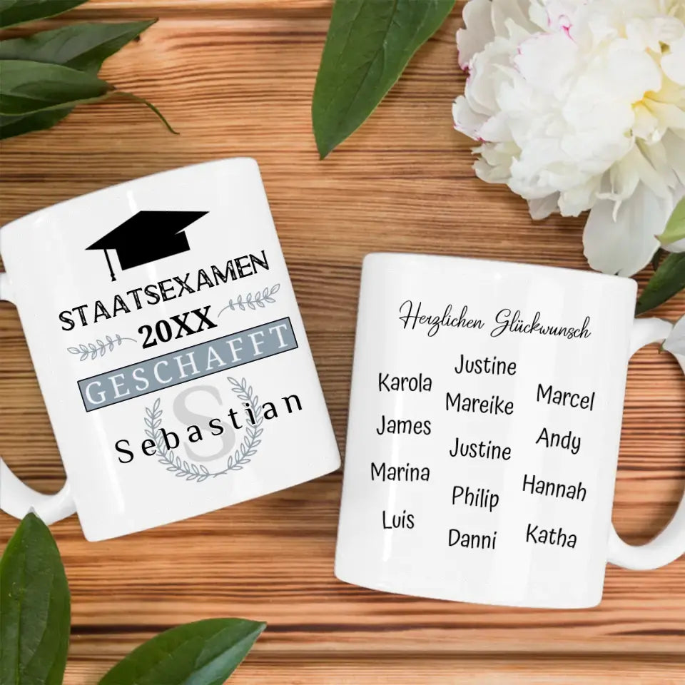 Abschluss Tasse Staatsexamen mit Name Blau Grau